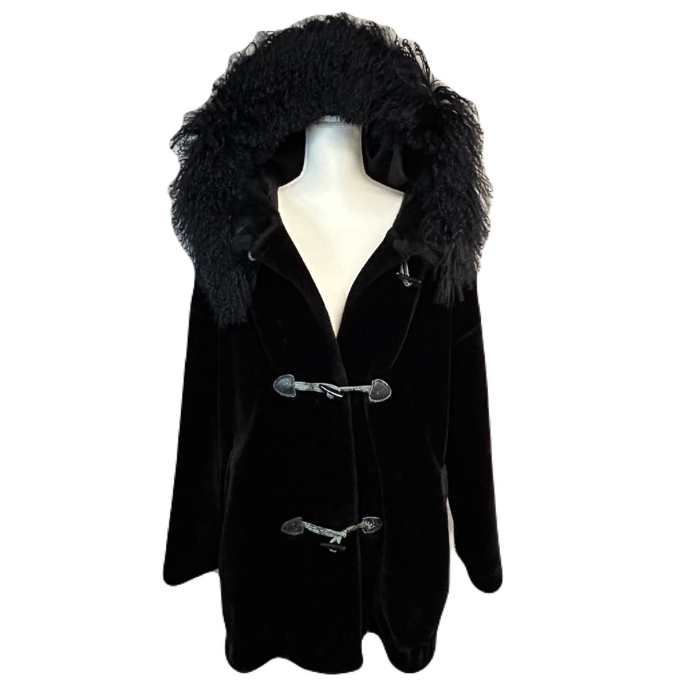 Vintage Womens Mongolian Fur Toggle Coat Size 2X Plush Luxe Boho Cabincore Black